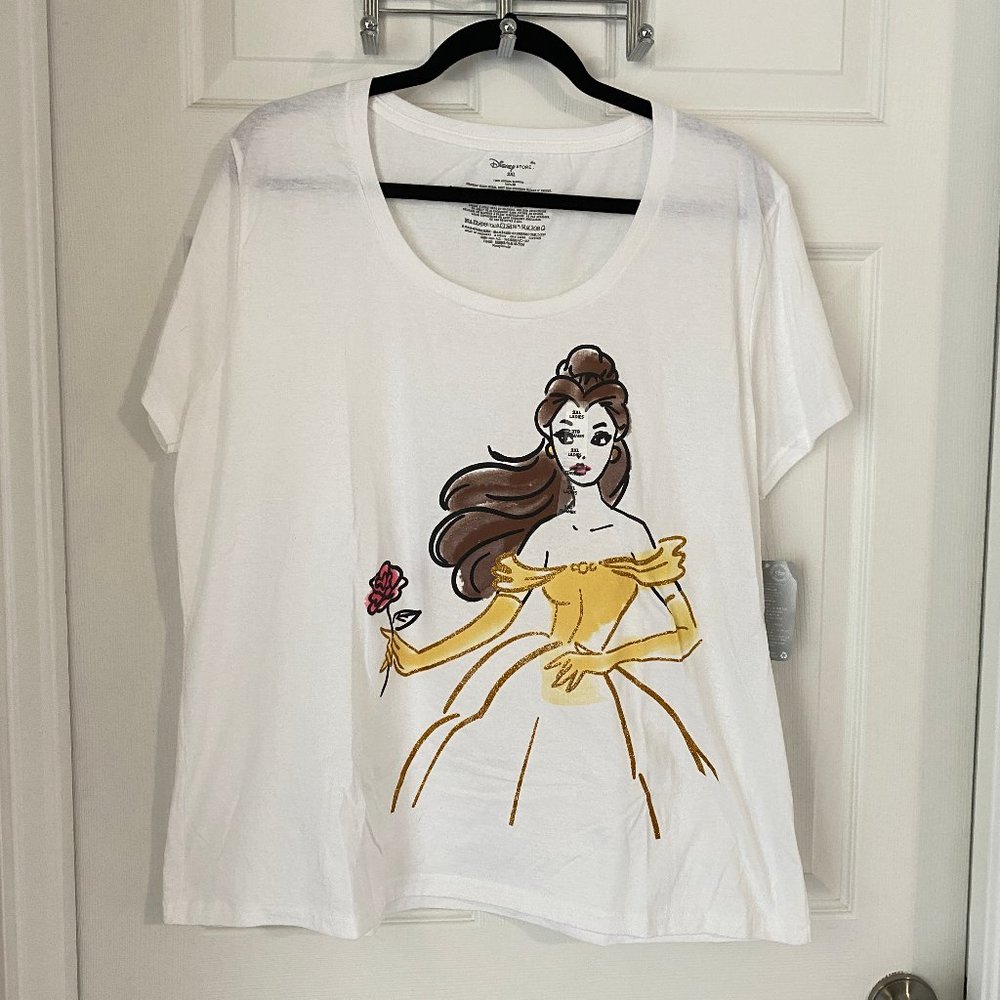 NWT 2XL Women's Disney Store Belle Beauty and the Beast White Short Sleeve Shirt